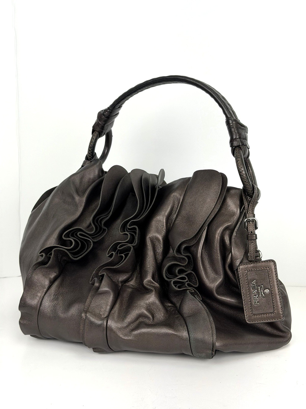 Prada Nappa PM Shoulder Bag in Brown Ruffle Leather S02